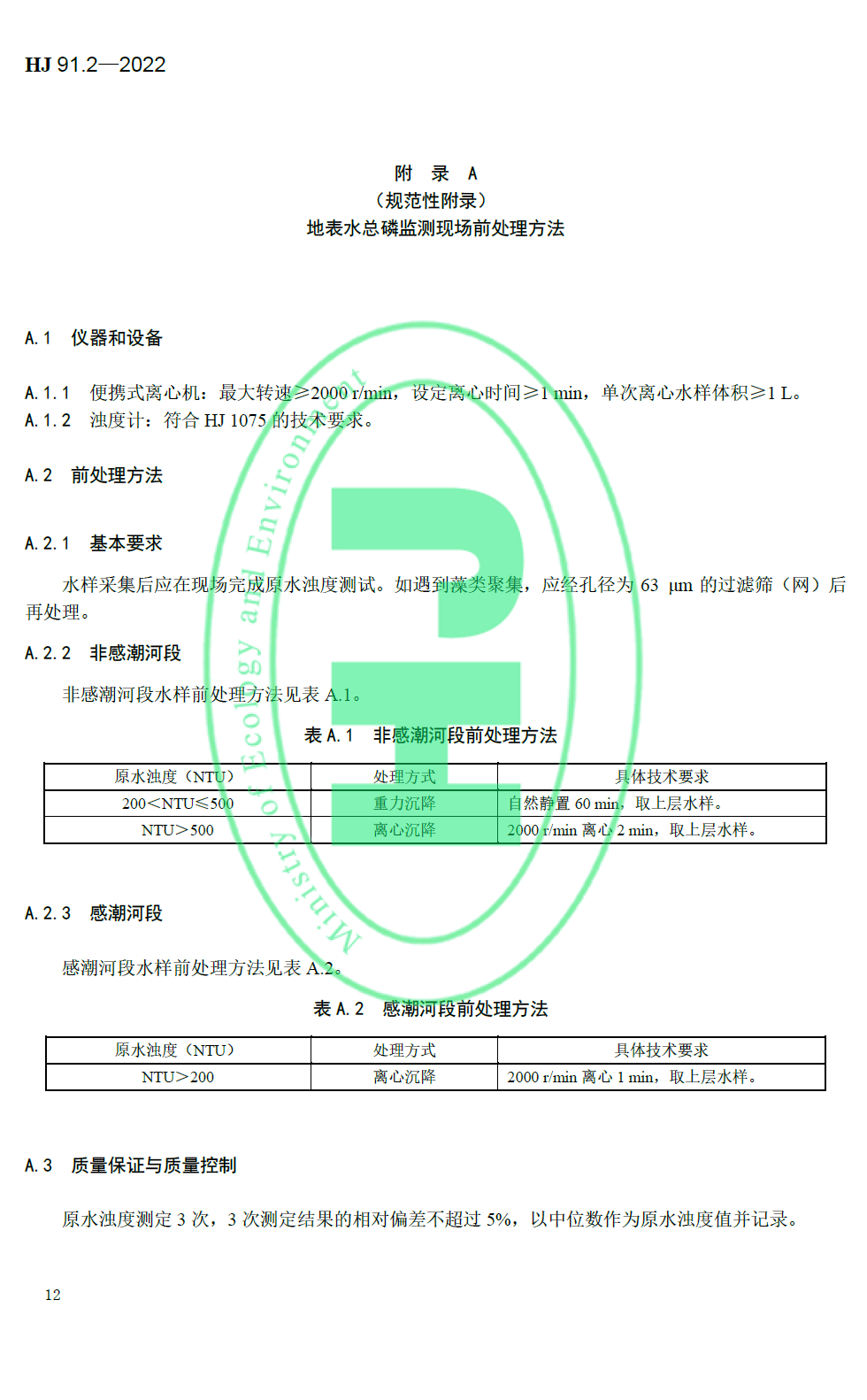 地表水環(huán)境質(zhì)量技術規(guī)范附錄A